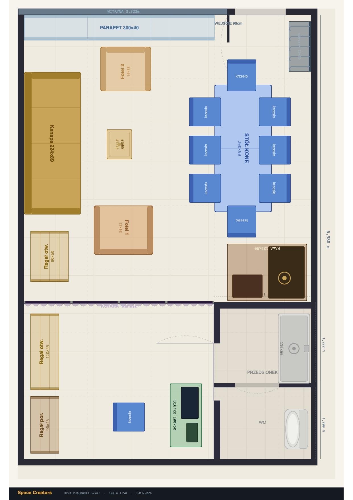 PRACOWNIA — rzut lokalu, skala 1:50, ok. 27 m²